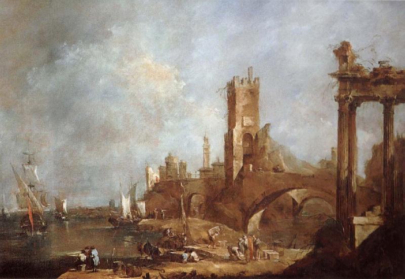 Francesco Guardi Hamnstad with classical ruins Italy